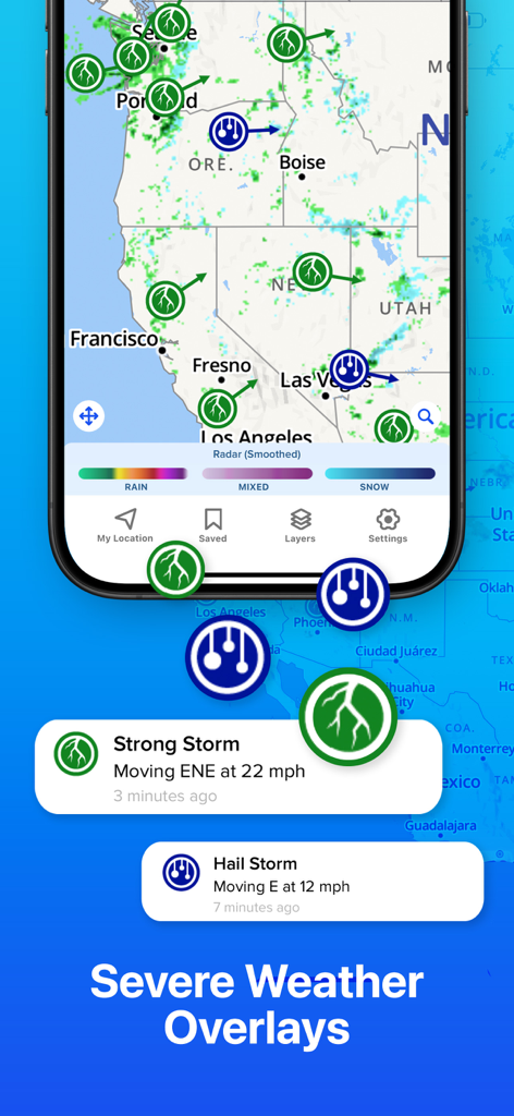 Un mapa de radar meteorológico que muestra alertas de clima severo para fuertes tormentas y granizo con iconos de seguimiento de movimiento.