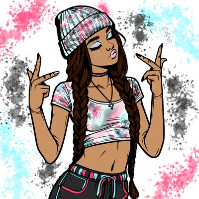 realistic teenage girl with braids and a beanie and crop top doing 🫶🏼