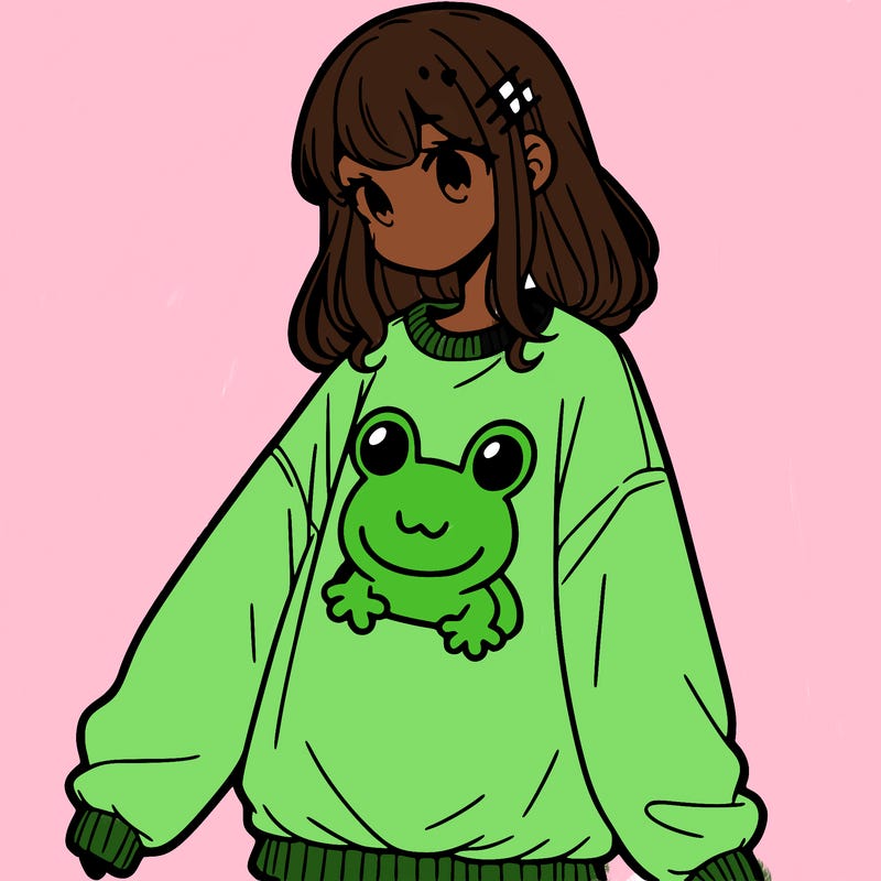 girl wearing frogging sweatshirt