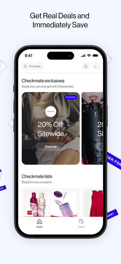 Checkmate-App-Oberfläche mit exklusiven sitewide Einkaufsangeboten und kuratierten Produktlisten