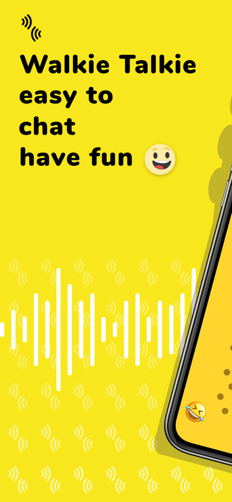 Walkie Talkie: Talk to Friends - Walkie Talkie app splash screen featuring a yellow background and voice audio waves