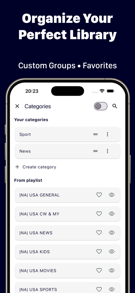 Interface of IPTV One Player showing options to organize custom categories and favorite TV channels.