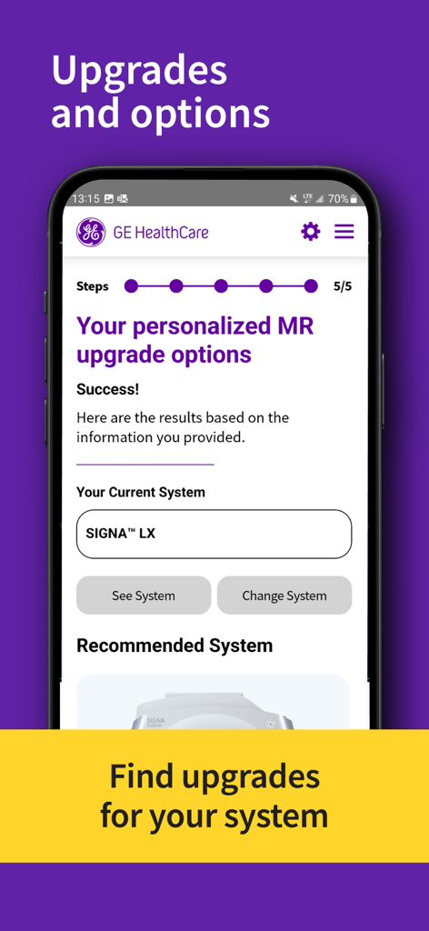 Interface do aplicativo GE HealthCare Imaging mostrando opções de atualização de RM personalizadas e sistemas recomendados para um modelo Signa LX.