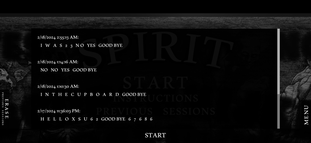 A list of previous session logs showing timestamps and spirit board messages in the app.