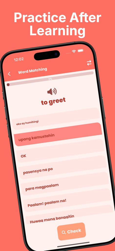 Exercício de correspondência de palavras para aprender frases em tagalo em um telefone celular.