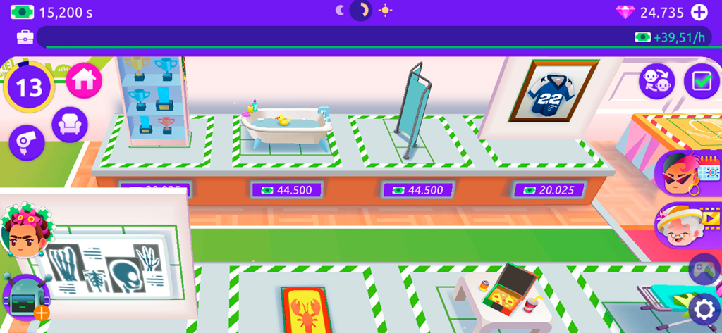 Idle Life Sim - Simulator Game - Menu d'achat en jeu dans Idle Life Sim montrant divers meubles et objets de décoration comme une baignoire et des trophées.