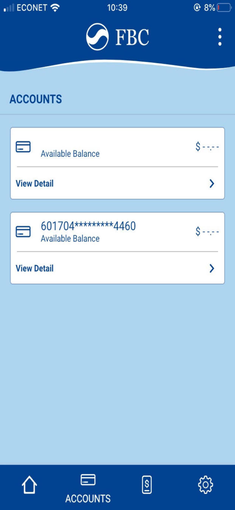 FBC Mobile - FBC Mobile app interface displaying an overview of user banking accounts and available balances.