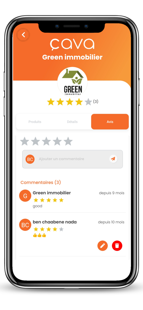 Interface do aplicativo Cava.tn mostrando avaliações e classificações de usuários para a agência imobiliária Green immobilier na Tunísia.