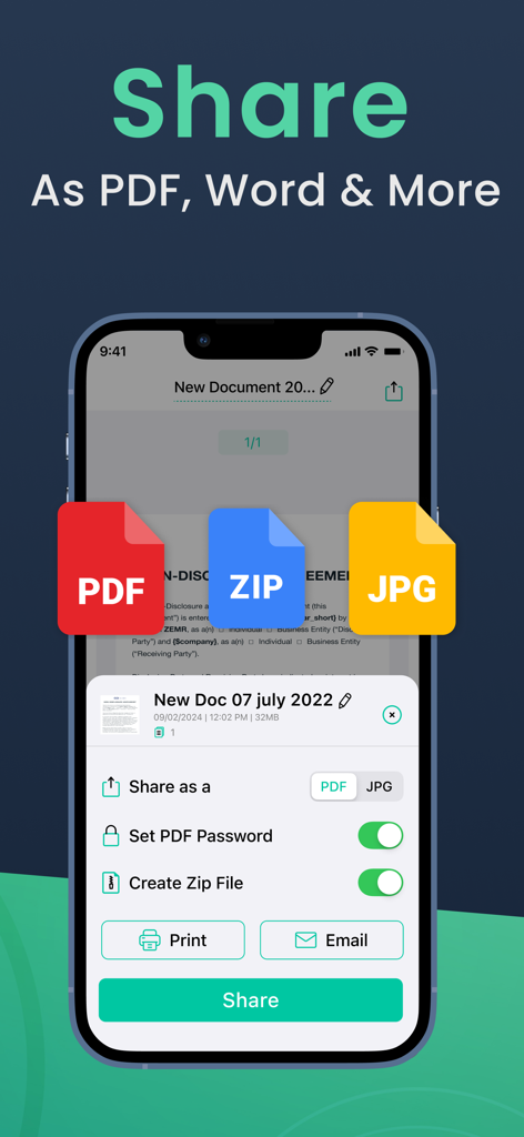 PDF Scanner App for Documents - Interfaz de compartir documentos con opciones para formatos PDF, ZIP y JPG, además de protección con contraseña
