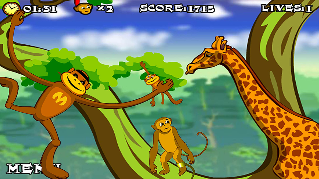 Jungle Spider Monkey:SuperHero Adventure - Um macaco super-herói se balança por uma selva de desenho animado ao lado de uma girafa e outros amigos macacos.