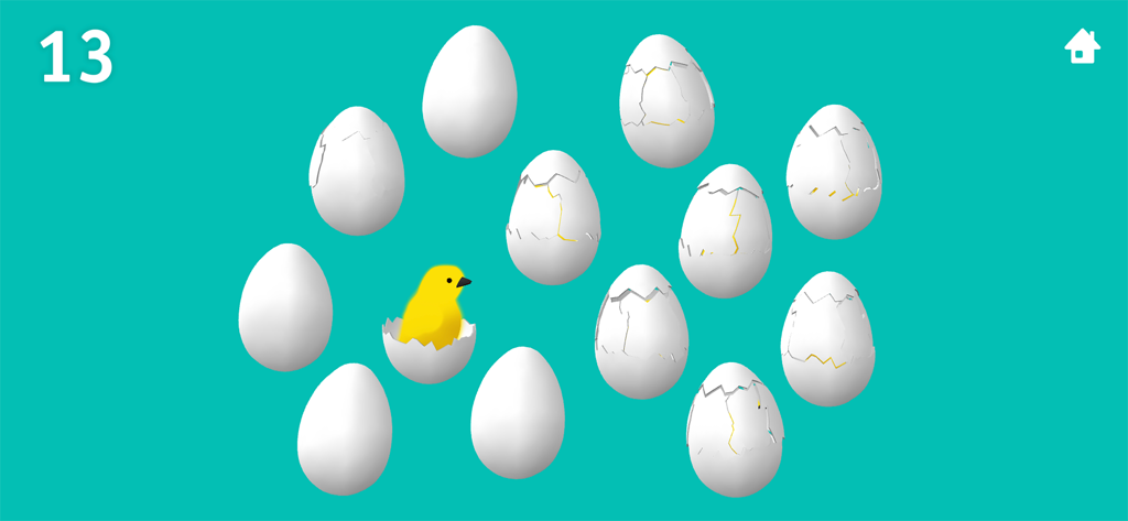 TallyTots Counting 123 Game - A preschool counting game screen with thirteen eggs and a yellow chick