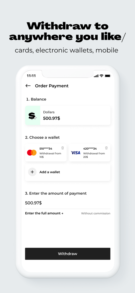 Pantalla de retiro de la aplicación Backit que muestra el saldo y las opciones de pago como tarjetas bancarias y billeteras digitales