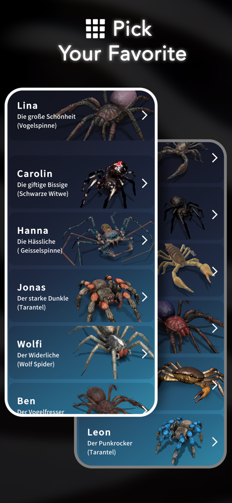 Interface do aplicativo ARSpiders mostrando uma lista de aranhas e insetos 3D realistas com nomes como Lina Carolin e Jonas para seleção