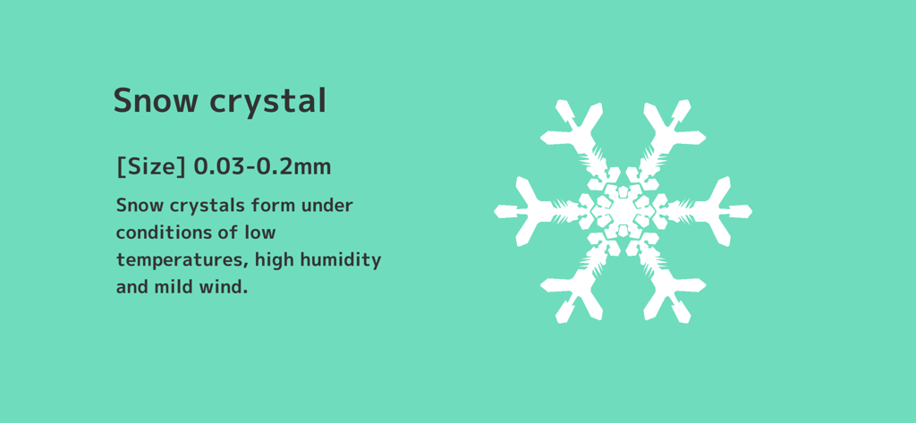 Dot Scale - Infographic showing a white snow crystal with size and formation details on a teal background from the Dot Scale app