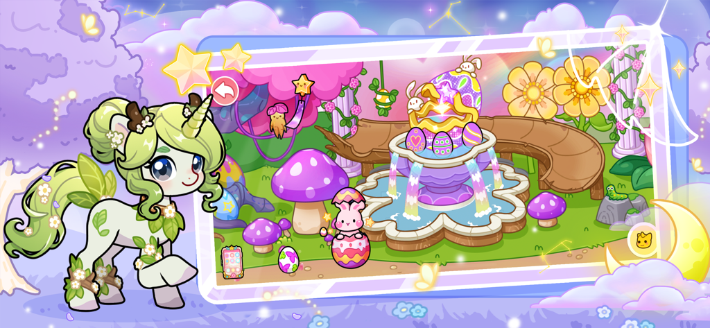 My little unicorn：Pets academy - A green unicorn character standing in a colorful magical garden with a decorative fountain and giant mushrooms.