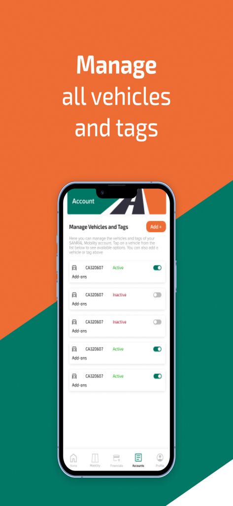 A smartphone screen showing the SANRAL app interface for managing multiple vehicles and electronic toll tags with active and inactive status toggles.
