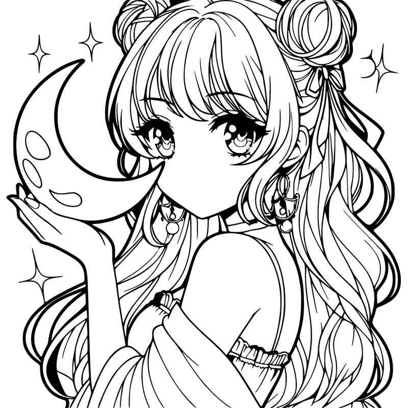 beautiful anime girl holding a moon