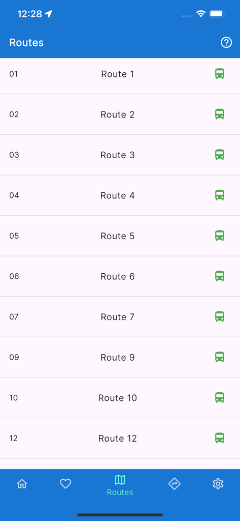 London Transit LTC Live - A screenshot of the London Transit LTC Live app displaying a list of bus routes with their numbers and names