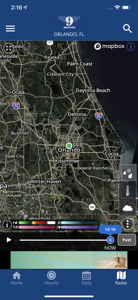 Mapa de radar meteorológico interactivo para Orlando y el centro de Florida en la aplicación WFTV Channel 9