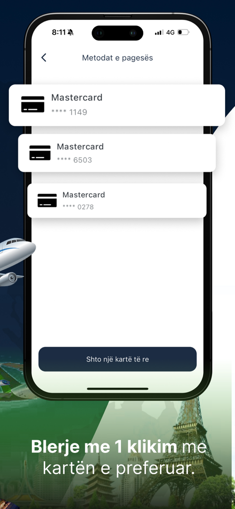 Schermata delle opzioni di pagamento dell'app SuperSim che mostra le opzioni di carte di credito salvate per acquisti di dati eSIM con un clic