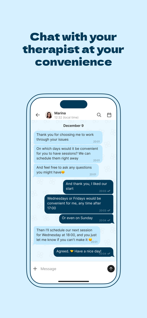 A smartphone screen displaying a secure chat conversation between a user and a therapist in the Mindly Therapy app