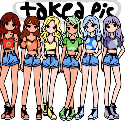 a group of girls wearing crop tops and shorts