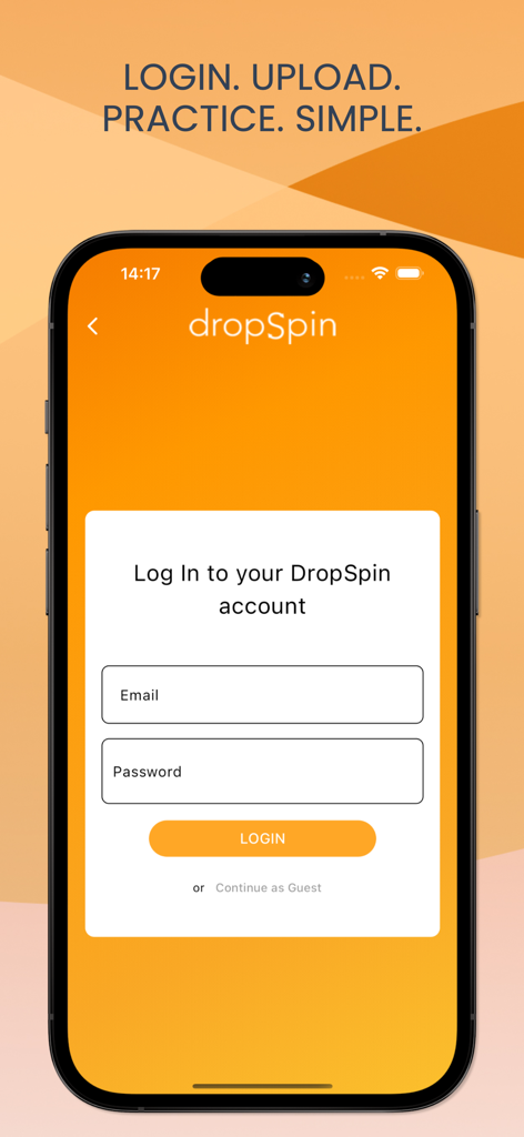 DropSpin Metronome - DropSpin Metronome mobile app login screen featuring email and password input fields on a bright orange background.