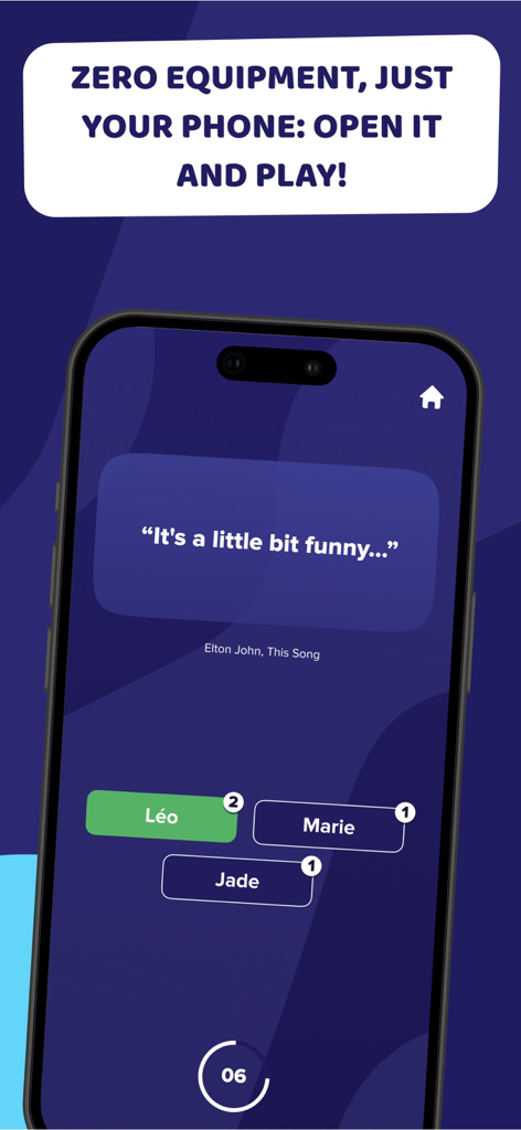 Crack Party Games - Gameplay of the Crack Song music trivia mini-game on a smartphone showing lyrics and player scores.