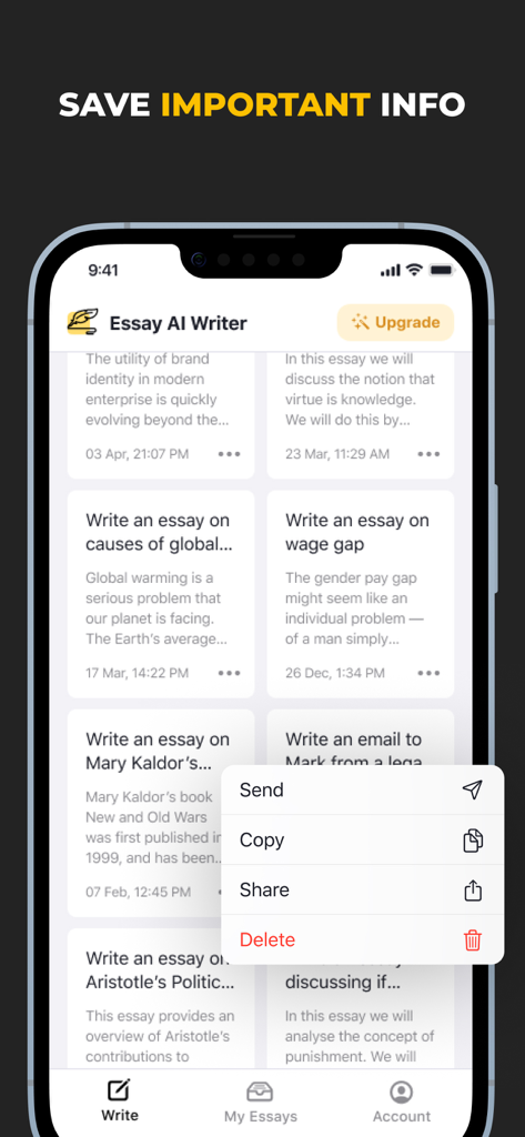 Interface de l'application Friday AI Essay Writing montrant l'écran Mes dissertations avec une liste de sujets enregistrés et un menu contextuel pour envoyer et copier des fichiers.