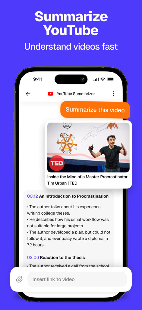Overchat: Ask AI & Chat - Overchat app interface showing a YouTube video summary of a TED Talk with timestamps and bullet points