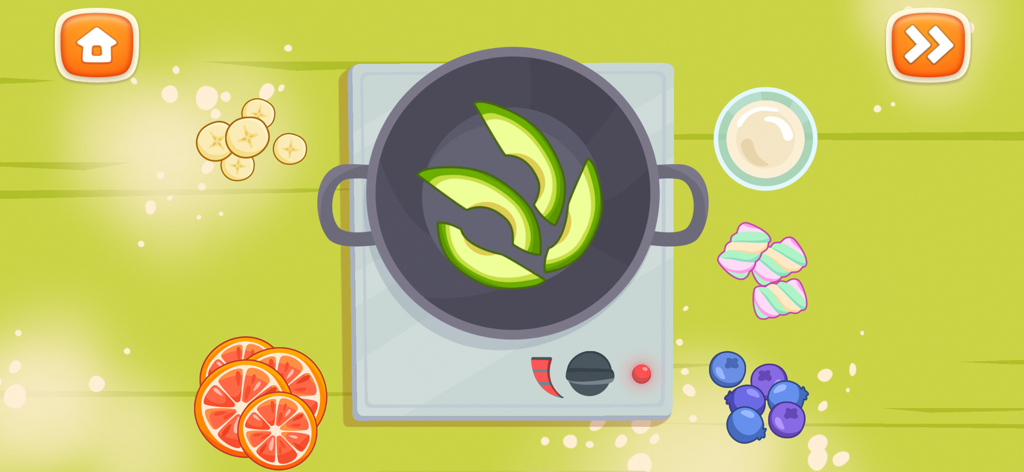Pizza Maker: Kids Cooking Game - A colorful game screen from the Pizza Maker kids app showing avocado slices in a pan surrounded by fruit and toppings