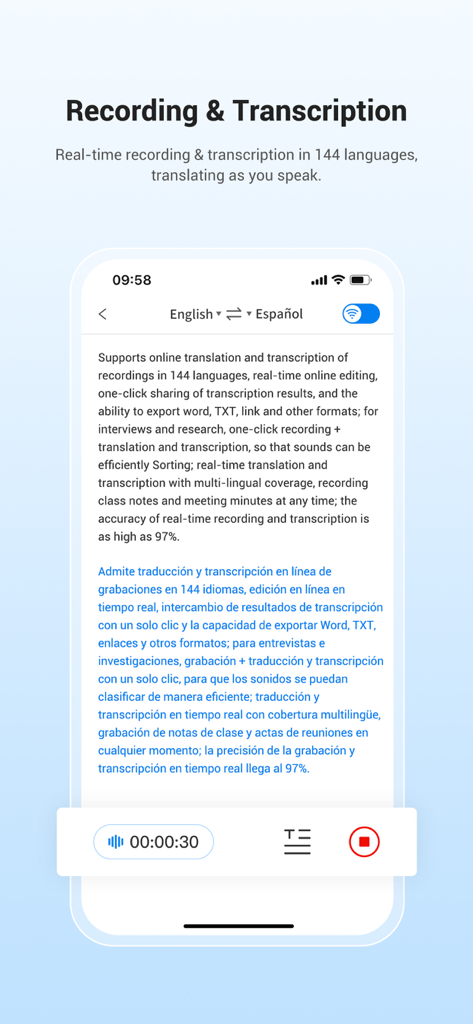Wooask app screenshot showing real time voice recording and transcription in English and Spanish