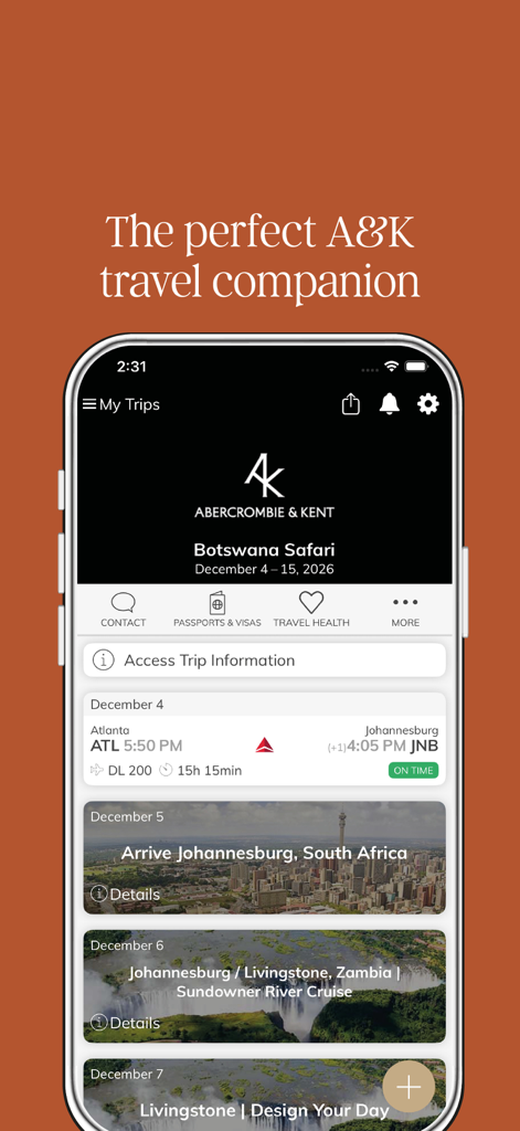 Abercrombie & Kent - Interfaccia dell'app mobile Abercrombie and Kent che mostra un itinerario di lusso per un safari in Botswana con dettagli sui voli e attività giornaliere.