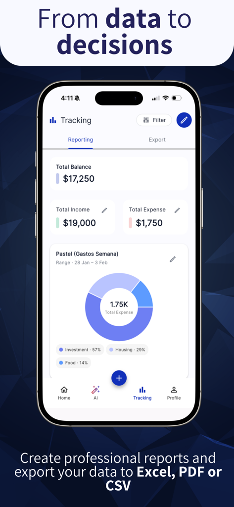 AI Money Manager & Expenses - Financial tracking screen showing balance income and expense breakdown in a professional app interface