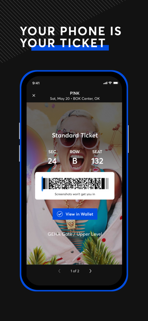 Ticketmaster－Buy, Sell Tickets - Ticketmaster app screen displaying a digital concert ticket with a barcode and a View in Wallet button