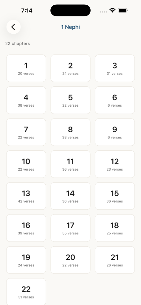 Plain English Book of Mormon - Chapter selection screen for 1 Nephi in the Plain English Book of Mormon mobile app showing a grid of chapters and verse counts.