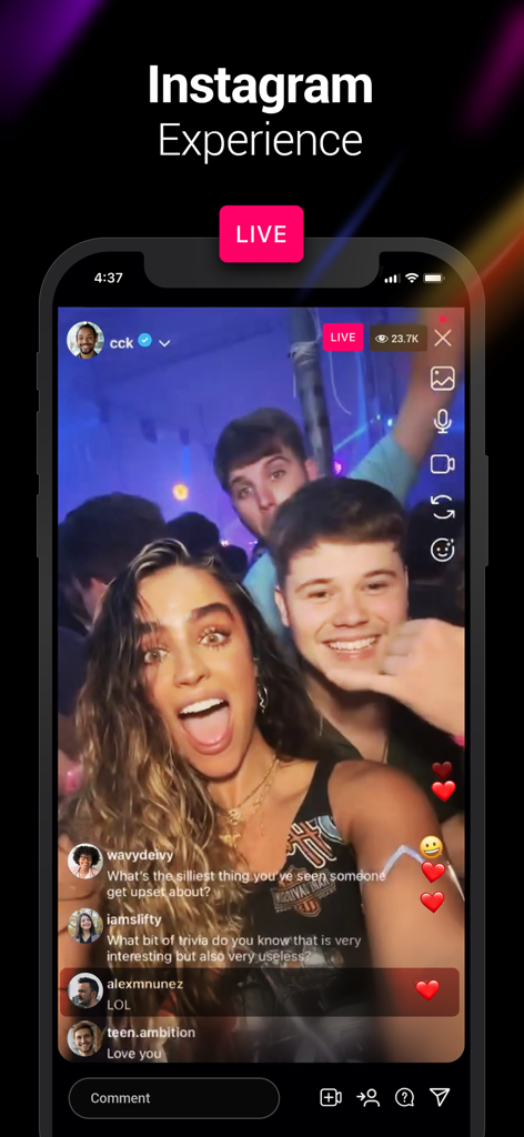 Um smartphone exibindo uma transmissão ao vivo simulada do Instagram com espectadores e comentários gerados por IA.
