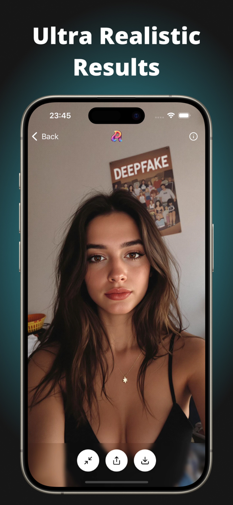 Artify: Art & Photo Generator - Schermata di uno smartphone che mostra un ritratto realistico generato dall'AI di una giovane donna utilizzando l'app Artify