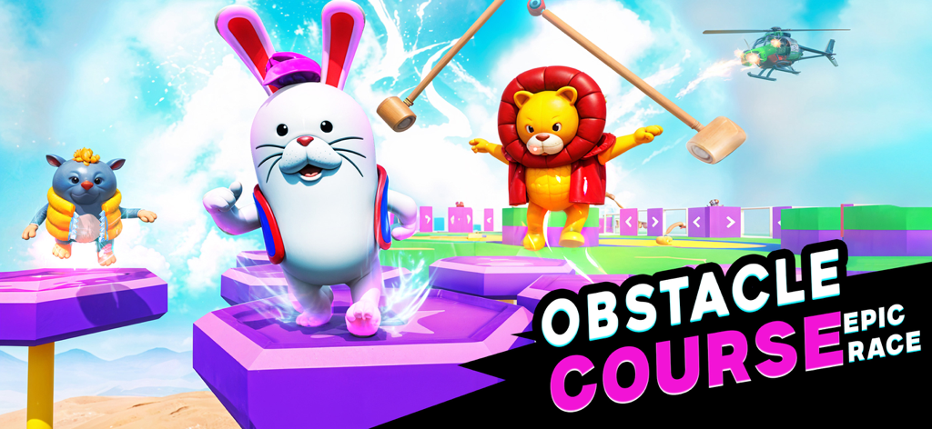 Animal Fall.io - Cute animal characters like a rabbit and lion racing on a 3D hexagonal obstacle course