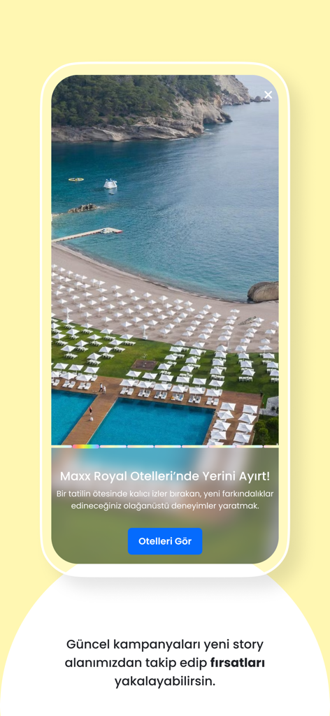 Etstur app stories screen featuring a luxury beach resort and hotel booking offers