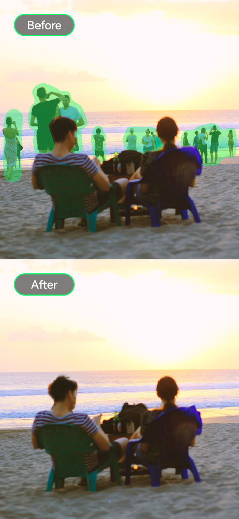 Retouch AI:Pimple Remover - Before and after comparison of removing unwanted people from a beach sunset photo using AI