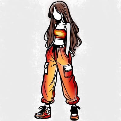 girl in baggy pants crop top and long hair