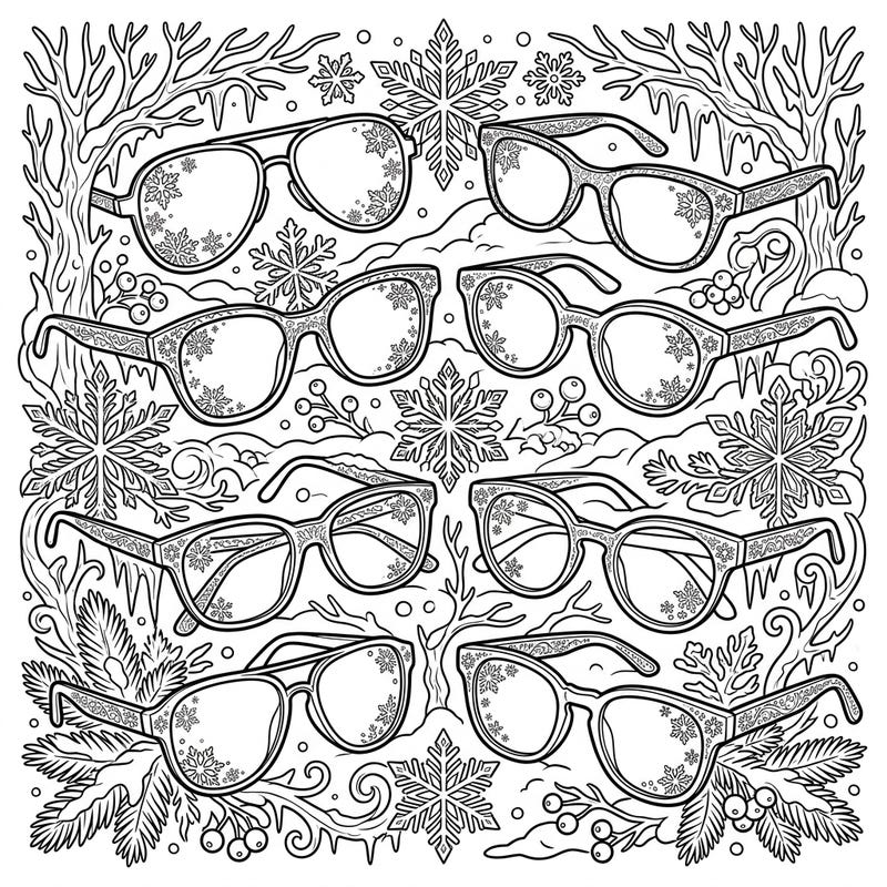 Discover a delightful winter scene showcasing a variety of stylish unisex eyewear, each pair adorned with delicate snowflakes and set within a frosty landscape. This intricate coloring page offers a relaxing and creative escape into a serene winter wonderland.
