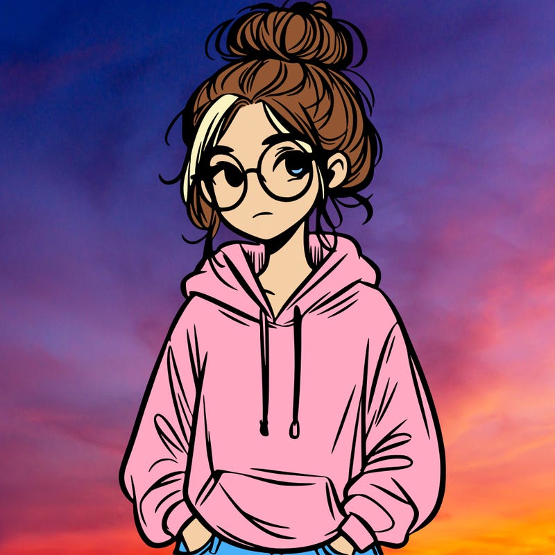 teen girl with a messy bun and glasses wearing a loose hoodie and jeans