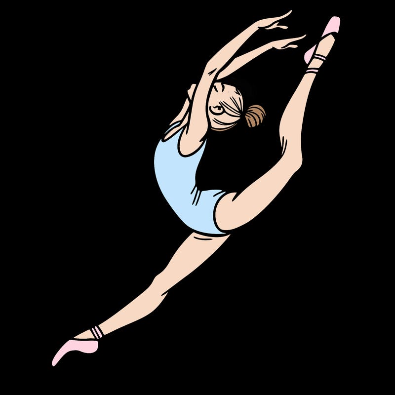gymnast doing a leap in a leotard with a bent back leg
