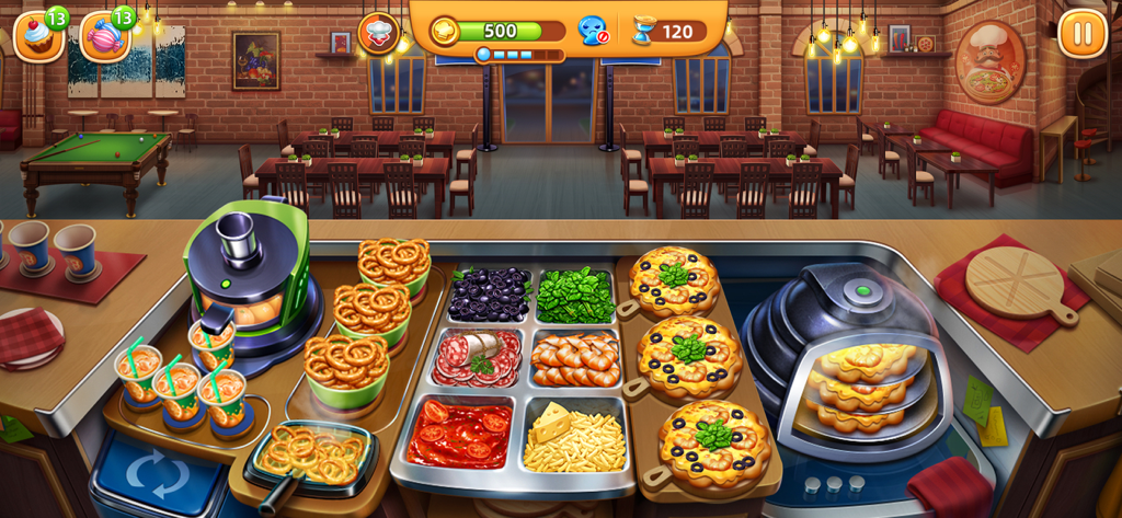 Gameplay screen of Cooking City showing a pizza restaurant kitchen with various ingredients and prepared pizzas.