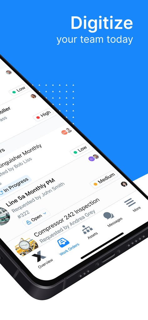 MaintainX Work Orders - Ansicht der MaintainX Mobile App mit digitalen Arbeitsaufträgen mit Prioritätskennzeichnungen und Statusaktualisierungen
