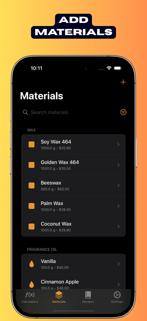 Calculator Candle - Tela do aplicativo Calculadora de Velas mostrando uma lista de materiais para fabricação de velas, incluindo várias ceras e óleos de fragrância com seus preços e pesos.