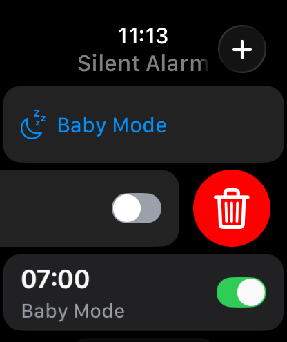 Aplicación Silent Alarm en Apple Watch que muestra la configuración de la alarma del Modo Bebé.