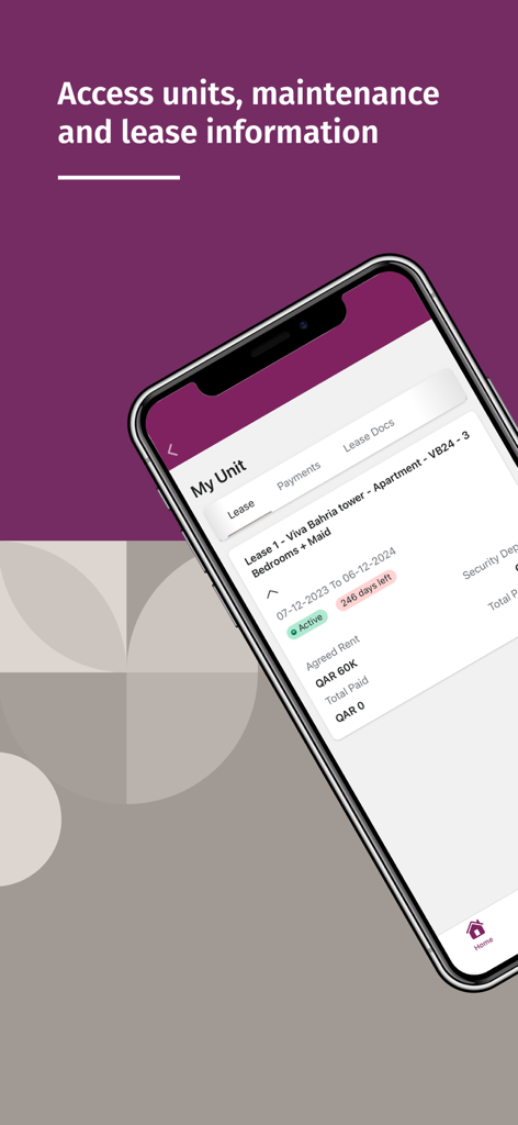 Al Mana Capital Real Estate - Smartphone displaying property unit lease details and maintenance access in the Al Mana Capital Real Estate app